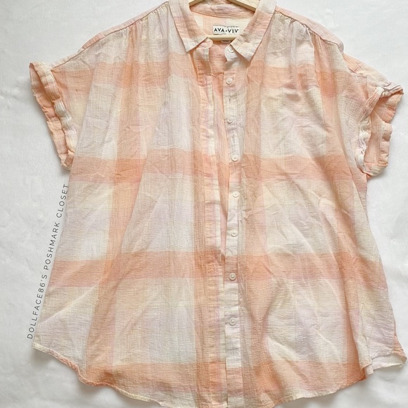 Ava & Vic Pretty Pastel Plaid Lightweight Short Sleeve Button Up Top - Picture 2 of 9
